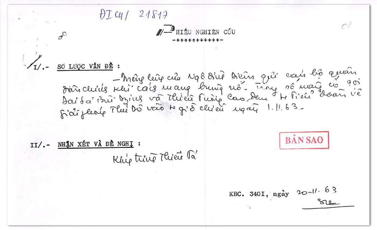 Đảo chính Ngô Đình Diệm: từ khủng hoảng Phật giáo đến Nhà thờ Cha Tam 11 Bút tích chính trị trong ngày đảo chính 1963